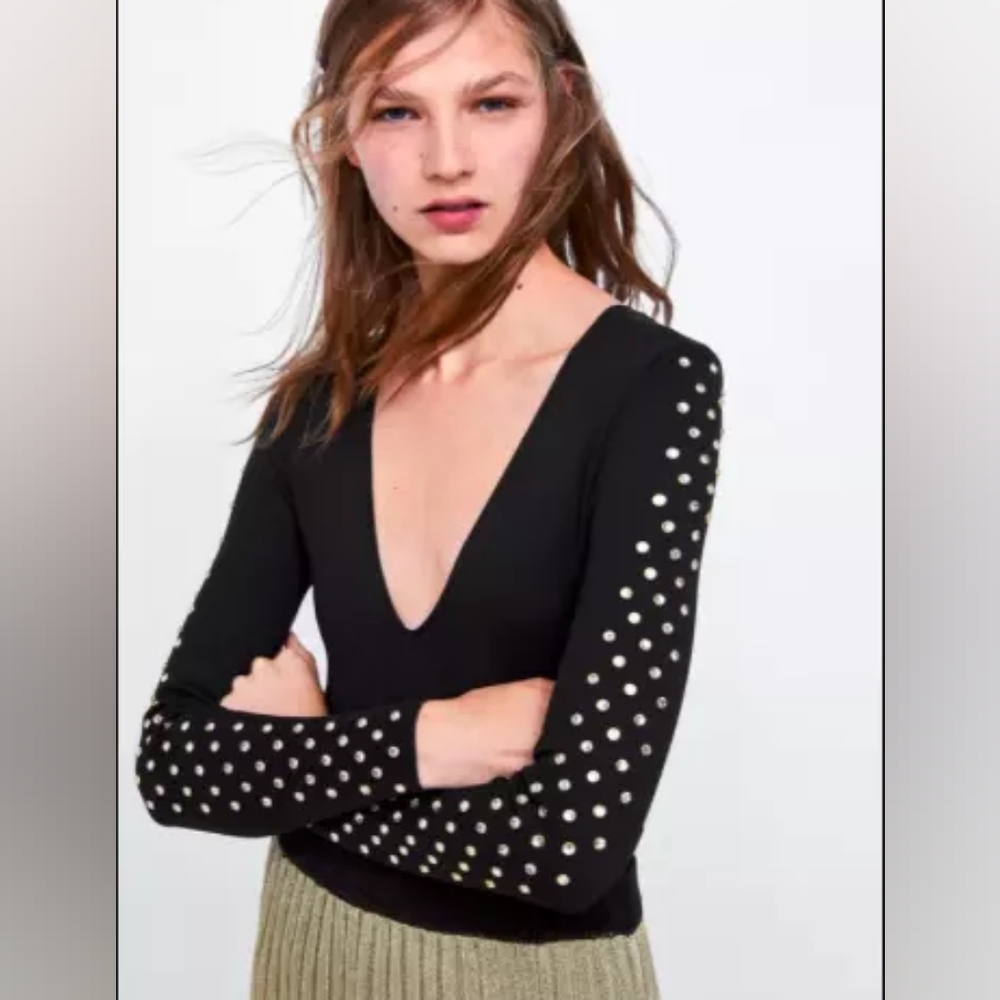 Zara Bodysuit With Bead Trim Black Long Sleeve Large
